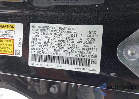 2022 Honda Civic Sport z USA, uszkodzony, nr VIN 2HGFE2F51NH588991